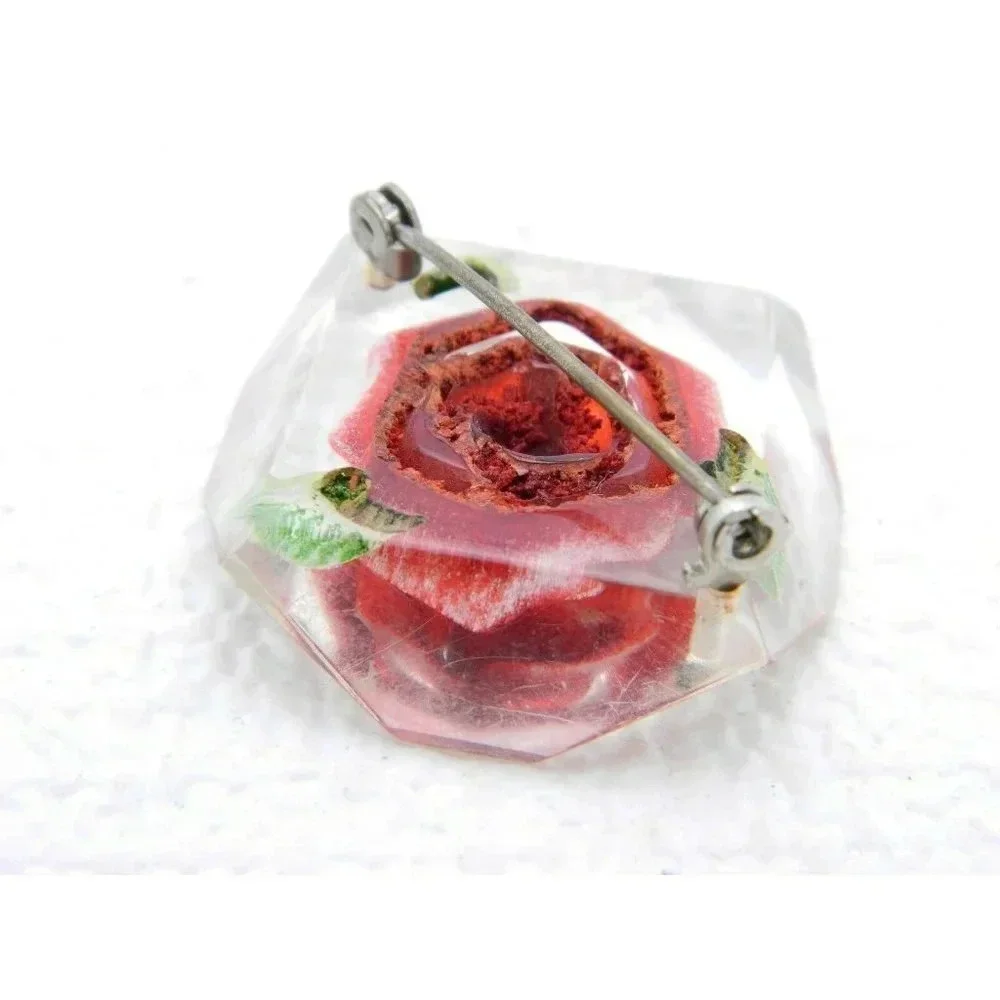 Vintage Clear Faceted Lucite Intaglio Embedded with Red Rose Flower Brooch Pin
